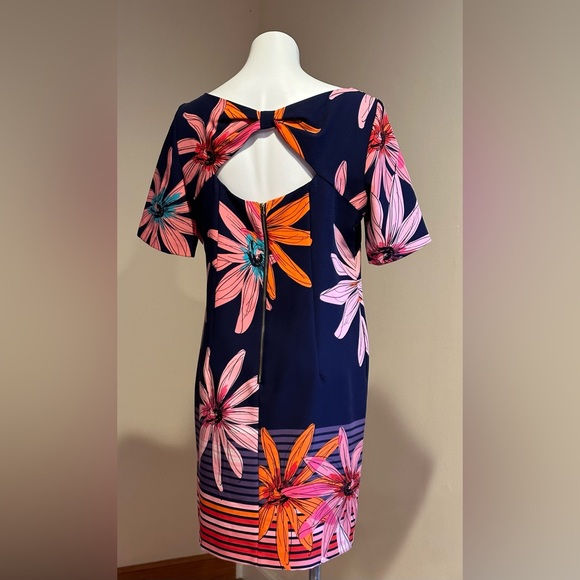 Julian Taylor Blue Floral Dress Cut Out Bow & Back Gold Zipper In Back SZ 12 - Picture 5 of 13